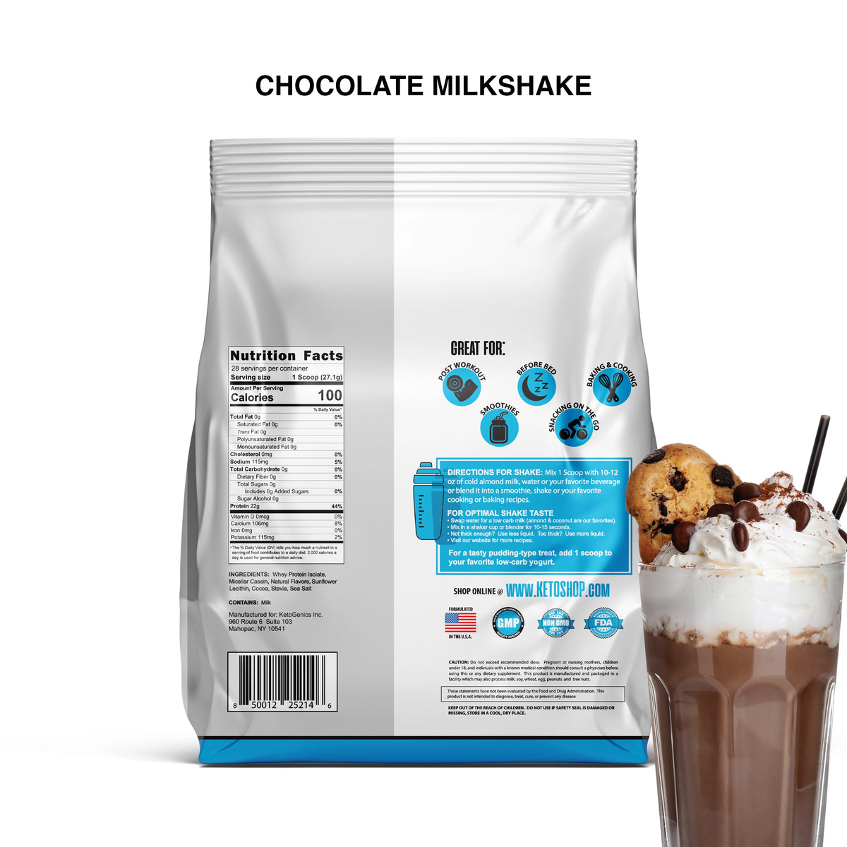 Zero Carb Keto Friendly Chocolate Milkshake protein powder Back