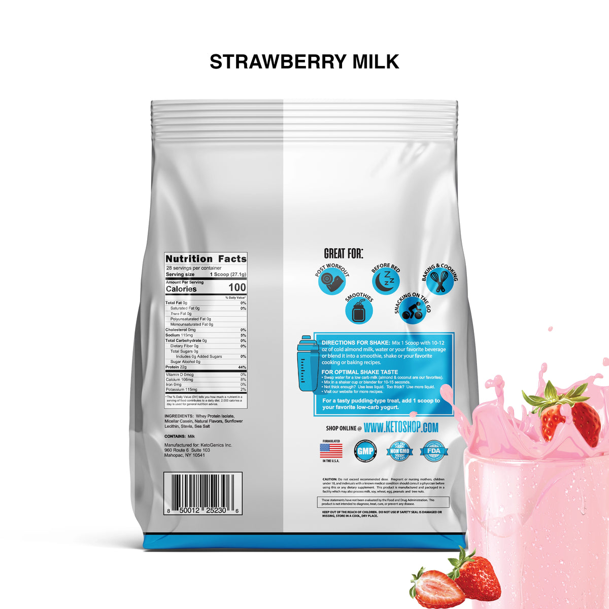 Zero Carb Keto Friendly Strawberry Milk protein powder Back
