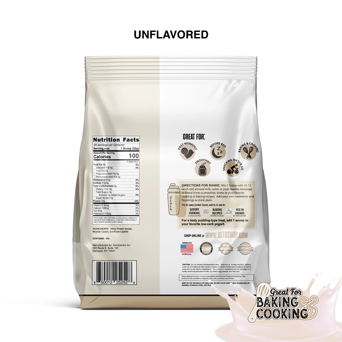 Zero Carb Keto Friendly Unflavored protein powder Back